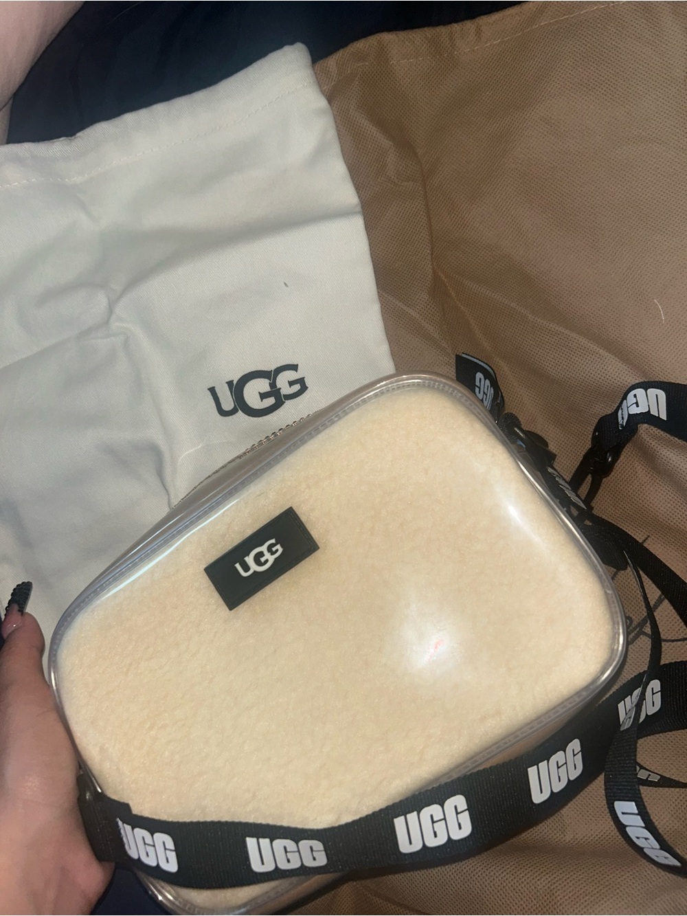 UGG Clear Crossbody Bag with Cream Shearling Panel and Black Logo Strap(a repost